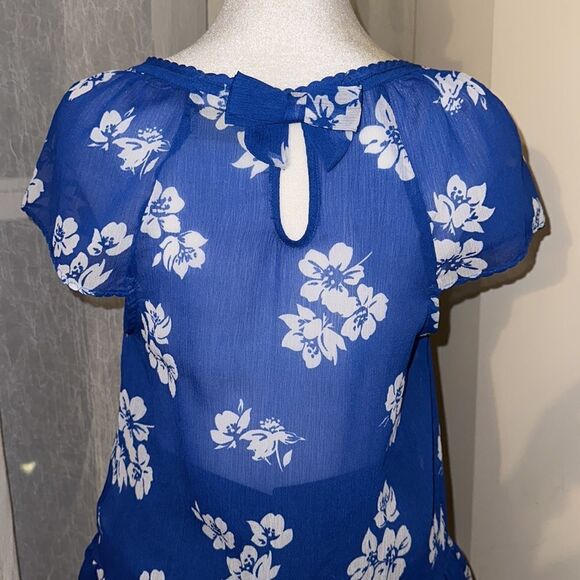 Hollister S Scoop Neck Short Sl Ruffle Hem Back Bow Tie Keyhole Floral Blouse - Picture 4 of 11